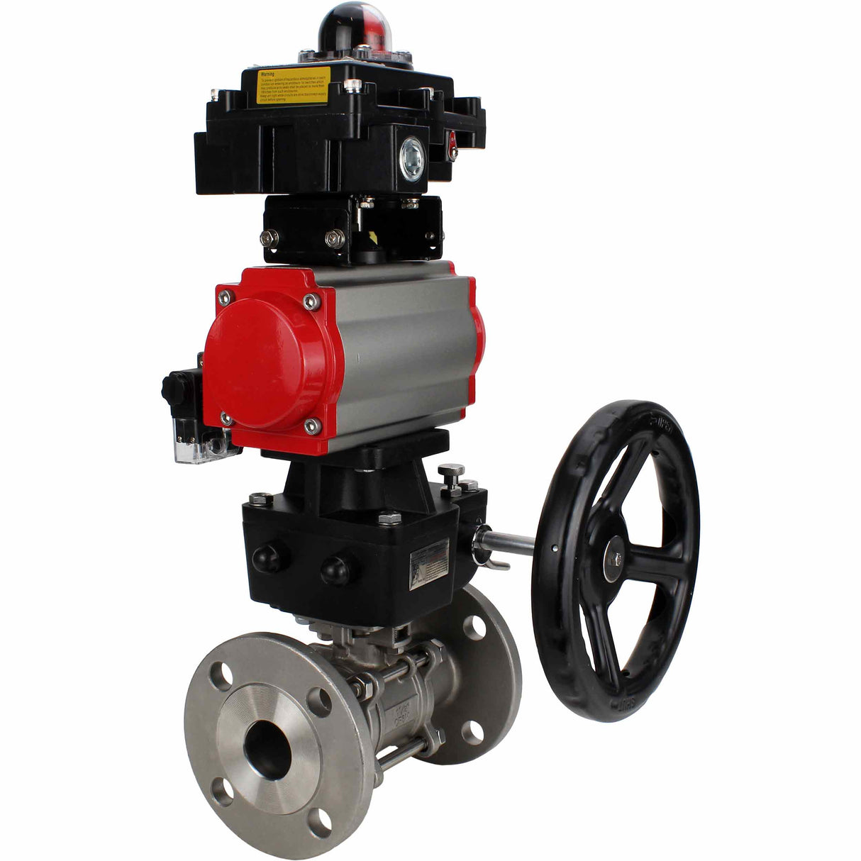 Edelstahl-Kugelhahn Elephant BVFPT-ISO.304.180 dreiteilig, Gehäusewerkstoff - Edelstahl SS304, Dichtung - PTFE, Flansch, voller Durchgang, pneumatischer Antrieb Elephant DA, pneumatischer Verteiler 4M310-08 24 V, Endschalterblock APL-410N EX, manuell