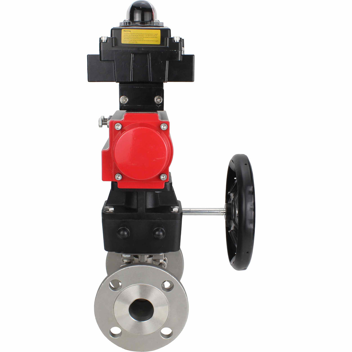 Edelstahl-Kugelhahn Elephant BVFPT-ISO.304.180 dreiteilig, Gehäusewerkstoff - Edelstahl SS304, Dichtung - PTFE, Flansch, voller Durchgang, pneumatischer Antrieb Elephant DA, Endschalterblock APL-410N EX, Handnotbetätigung HDM