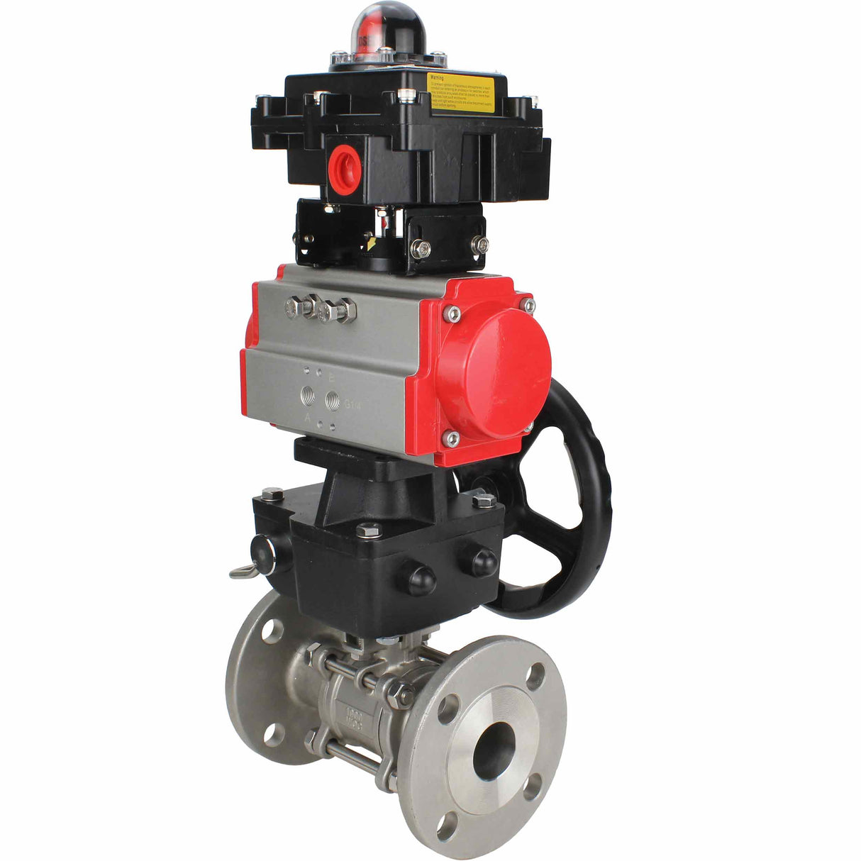 Edelstahl-Kugelhahn Elephant BVFPT-ISO.304.180 dreiteilig, Gehäusewerkstoff - Edelstahl SS304, Dichtung - PTFE, Flansch, voller Durchgang, pneumatischer Antrieb Elephant DA, Endschalterblock APL-410N EX, Handnotbetätigung HDM