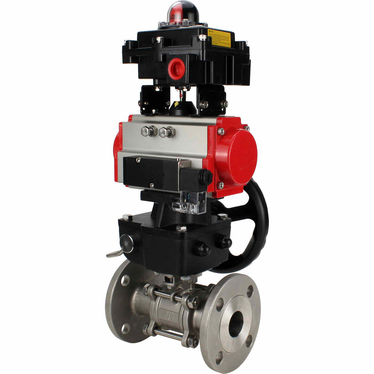 Edelstahl-Kugelhahn Elephant BVFPT-ISO.304.180 dreiteilig, Gehäusewerkstoff - Edelstahl SS304, Dichtung - PTFE, Flansch, voller Durchgang, pneumatischer Antrieb Elephant DA, pneumatischer Verteiler 4M310-08 24 V, Endschalterblock APL-410N EX, manuell