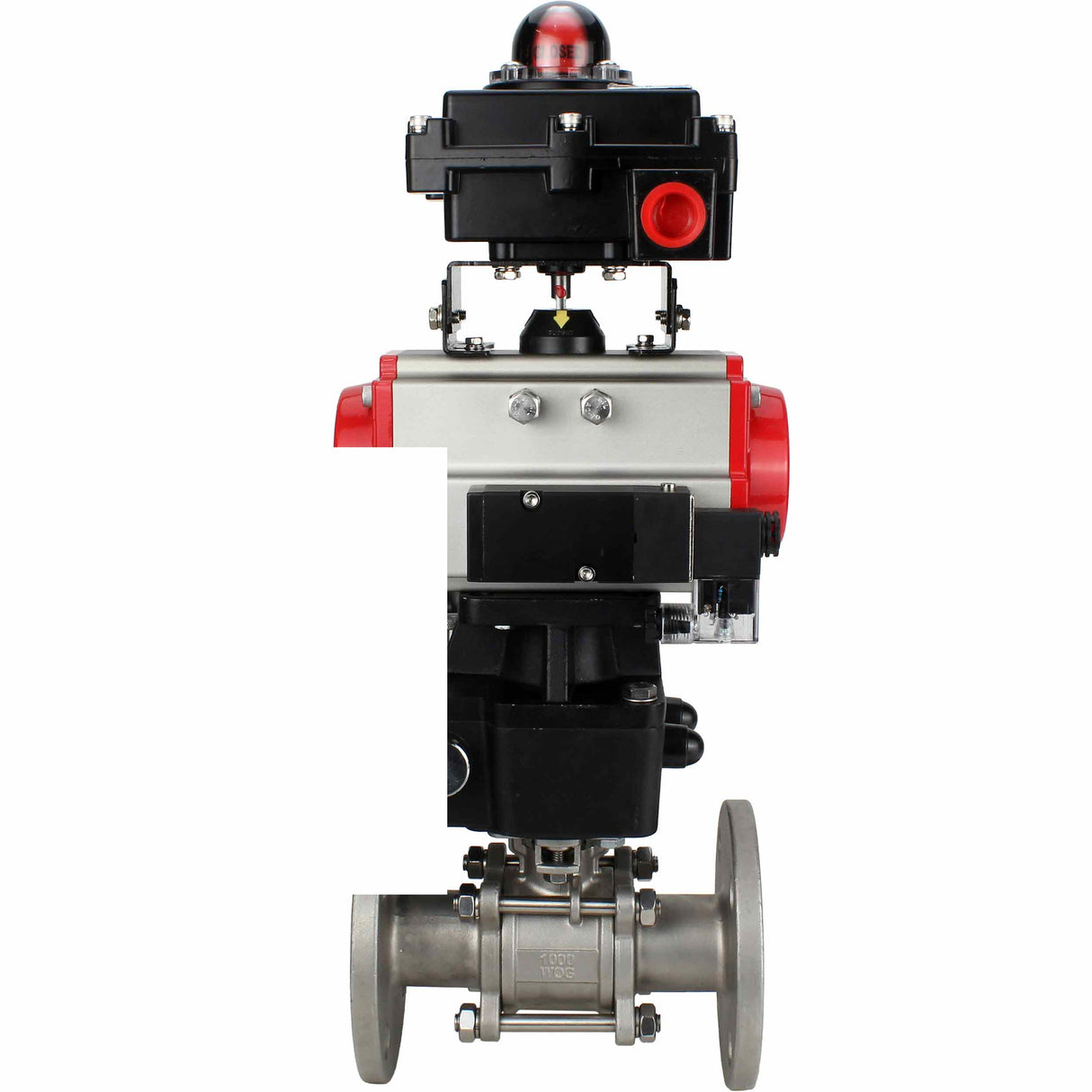 Edelstahl-Kugelhahn Elephant BVFPT-ISO.304.180 dreiteilig, Gehäusewerkstoff - Edelstahl SS304, Dichtung - PTFE, Flansch, voller Durchgang, pneumatischer Antrieb Elephant DA, pneumatischer Verteiler 4M310-08 24 V, Endschalterblock APL-410N EX, manuell