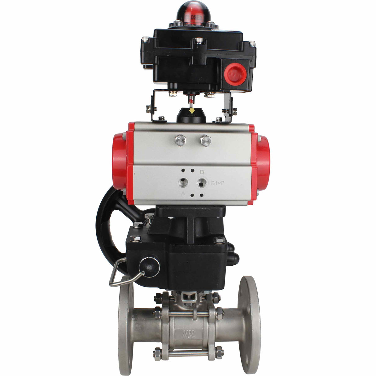 Edelstahl-Kugelhahn Elephant BVFPT-ISO.304.180 dreiteilig, Gehäusewerkstoff - Edelstahl SS304, Dichtung - PTFE, Flansch, voller Durchgang, pneumatischer Antrieb Elephant DA, Endschalterblock APL-410N EX, Handnotbetätigung HDM