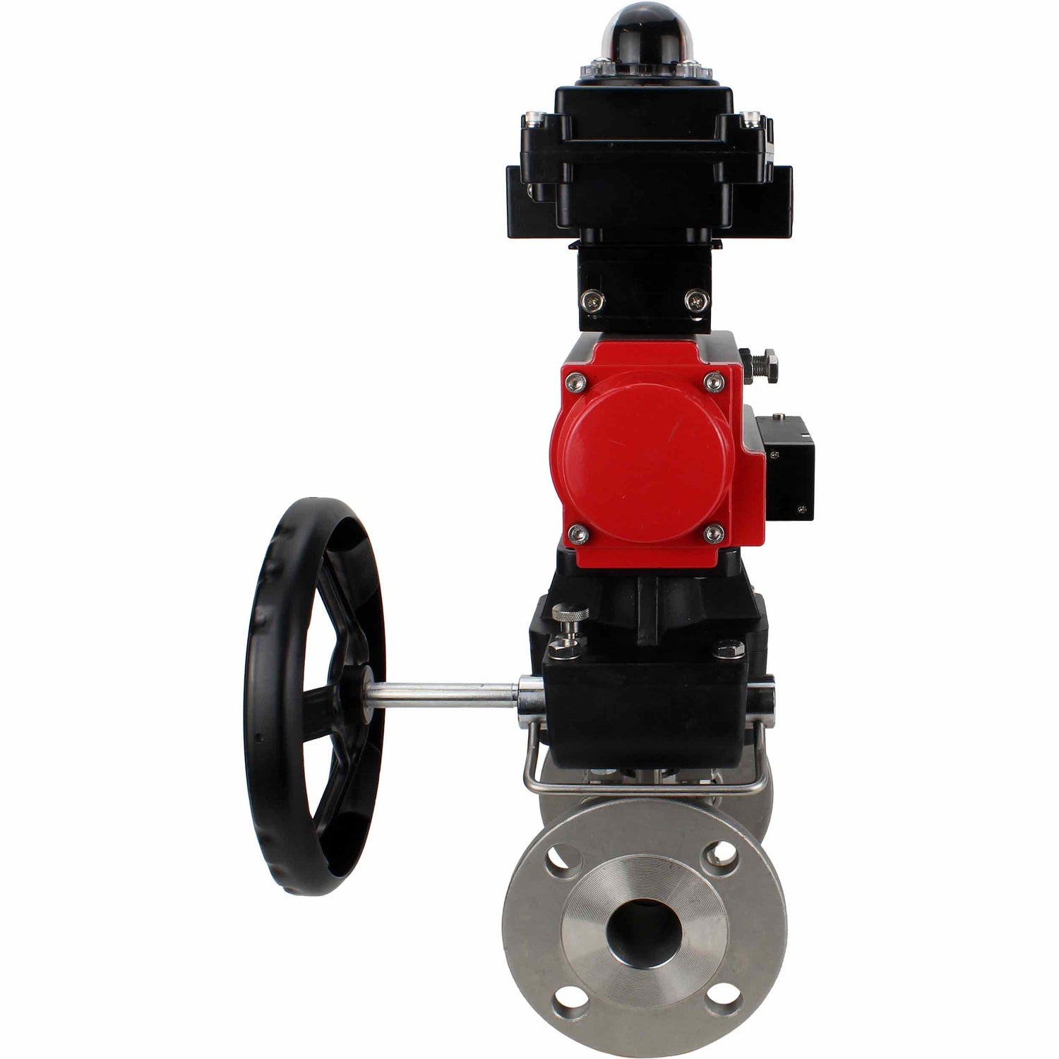 Edelstahl-Kugelhahn Elephant BVFPT-ISO.304.180 dreiteilig, Gehäusewerkstoff - Edelstahl SS304, Dichtung - PTFE, Flansch, voller Durchgang, pneumatischer Antrieb Elephant DA, pneumatischer Verteiler 4M310-08 24 V, Endschalterblock APL-410N EX, manuell