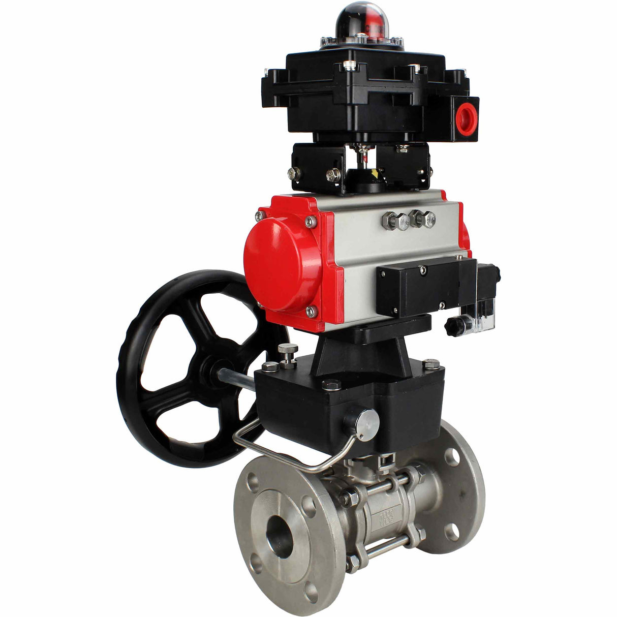 Edelstahl-Kugelhahn Elephant BVFPT-ISO.316.180 dreiteilig, Gehäusewerkstoff - Edelstahl SS316, Dichtung - PTFE, Flansch, voller Durchgang, pneumatischer Antrieb Elephant DA, pneumatischer Verteiler 4M310-08 24 V, Endschalterblock APL-410N EX, manuell