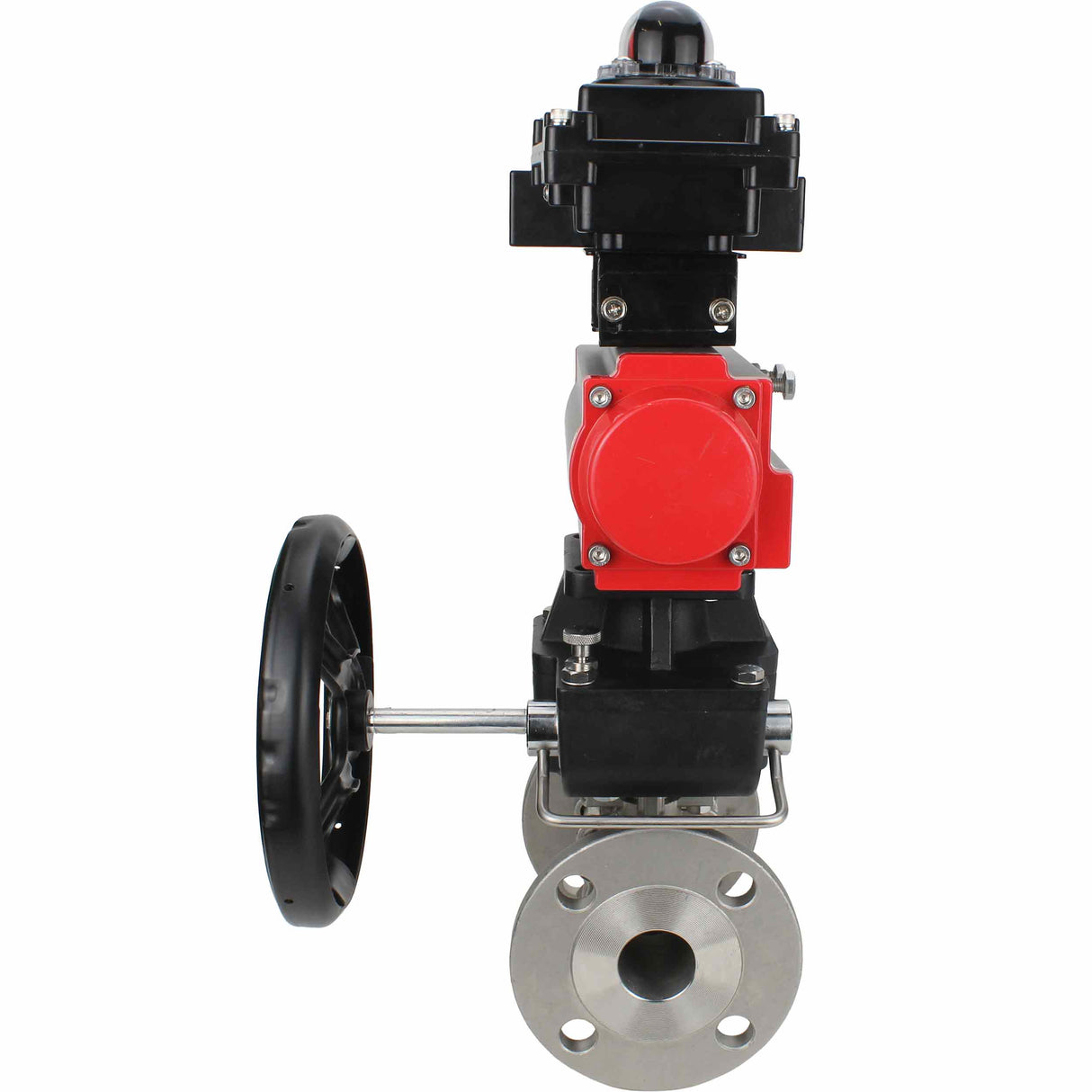 Edelstahl-Kugelhahn Elephant BVFPT-ISO.304.180 dreiteilig, Gehäusewerkstoff - Edelstahl SS304, Dichtung - PTFE, Flansch, voller Durchgang, pneumatischer Antrieb Elephant DA, Endschalterblock APL-410N EX, Handnotbetätigung HDM