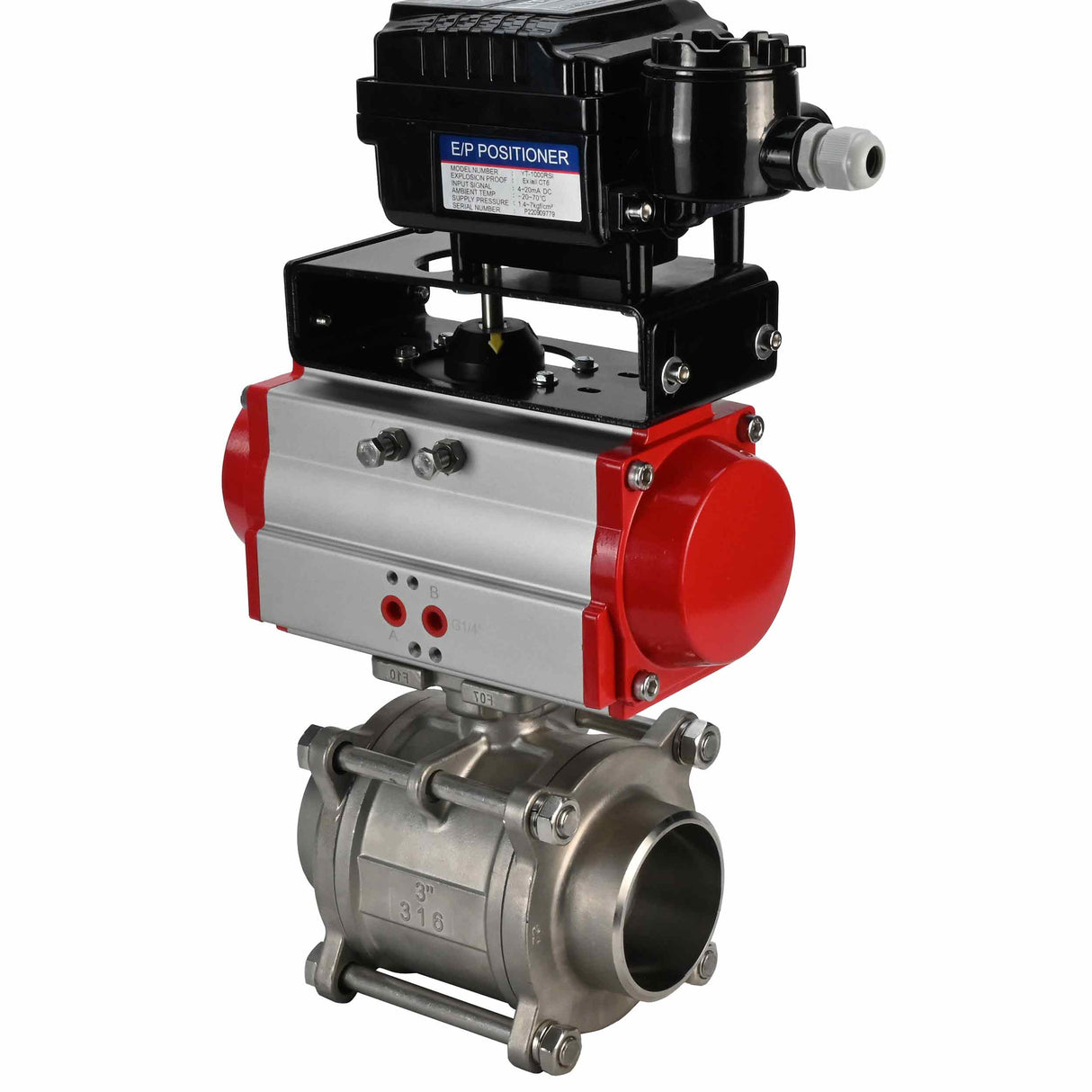 Kugelhahn aus Edelstahl Elephant kshpp-316200-sa-yt1000rsn, Gehäusematerial - Edelstahl AISI 316, Kugelmaterial - Edelstahl AISI 316, Dichtung - PTFE, pneumatisch betätigt