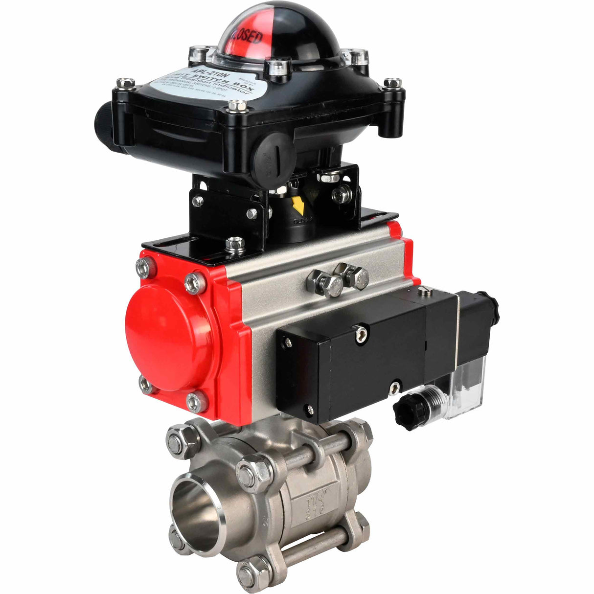 Kugelhahn aus Edelstahl Elephant kshpp-316200-sa-4m310-24-apl210n, Gehäusematerial - Edelstahl AISI 316, Kugelmaterial - Edelstahl AISI 316, Dichtung - PTFE, pneumatisch betätigt