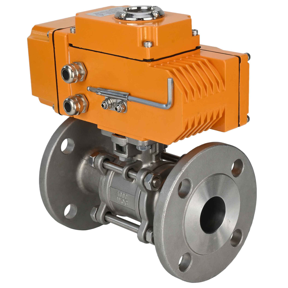 Kugelhähne Elephant BV3232P(3-teilig)-FP-F-ISO-H dreiteilig, voller Durchgang, geflanscht, Gehäuse - Edelstahl SS316, Dichtung - PTFE, mit 1/4-Umdrehungs-Elektroantrieb QT-N-EM-O1-380VAC-U1 380V HARK