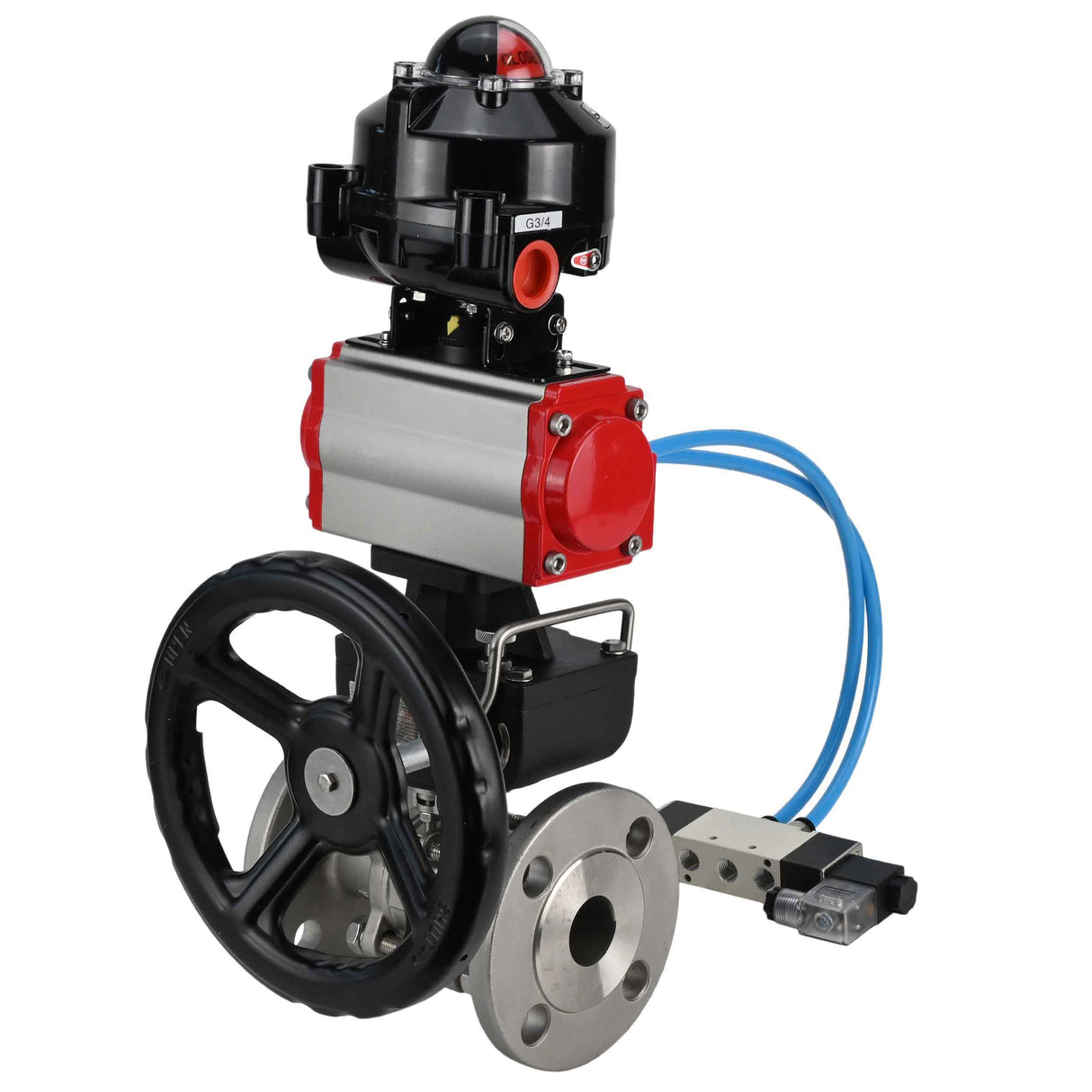 Kugelhähne Elephant BV3131P(3-teilig)-FP-F-ISO-Flansch, voller Durchgang, dreiteilig, Gehäuse aus Edelstahl. Stahl SS304, Dichtung - PTFE, mit pneumatischem Antrieb Elephant PA-DA 052-130 pneumatischer Verteiler 4V320-10 Getriebe MON LSU APL-510N-EX