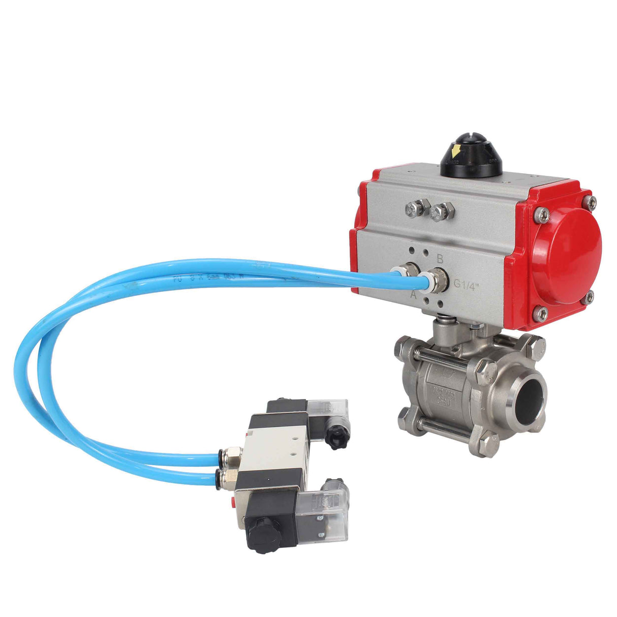 Kugelhähne Elephant BV3232P(3pc)-FP-W-ISO-H 16 bar/25, voller Durchgang zum Schweißen, Edelstahl SS316, Dichtung - PTFE, mit doppeltwirkendem PA-DA Pneumatik-Antrieb, mit Pneumatikverteiler 4V320-10 220V