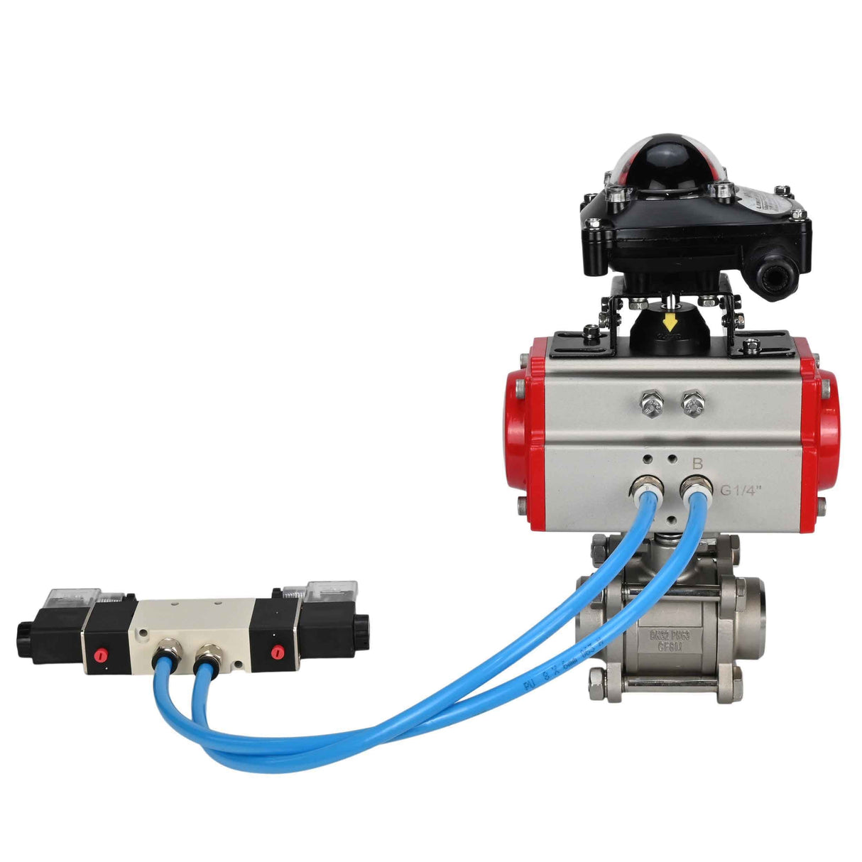 Kugelhähne Elephant BV3232P(3pc)-FP-W-ISO-H 16 bar/25, voller Durchgang zum Schweißen, Edelstahl SS316, Dichtung - PTFE, mit doppeltwirkendem PA-DA Pneumatik-Antrieb, mit Pneumatikverteiler 4V320-08 220V, mit LSU APL-210N