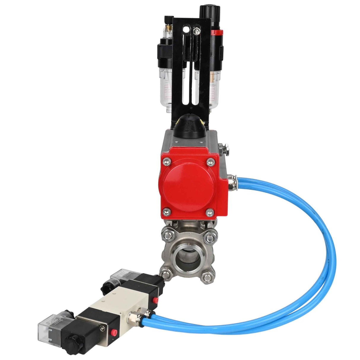 Kugelhähne Elephant BV3232P(3pc)-FP-W-ISO-H 16 bar/25, Vollbohrung zum Schweißen, Edelstahl SS316, Dichtung - PTFE, mit doppeltwirkendem PA-DA Pneumatik-Antrieb, mit Pneumatikverteiler 4V320-10 220V, mit ATU AFC2000