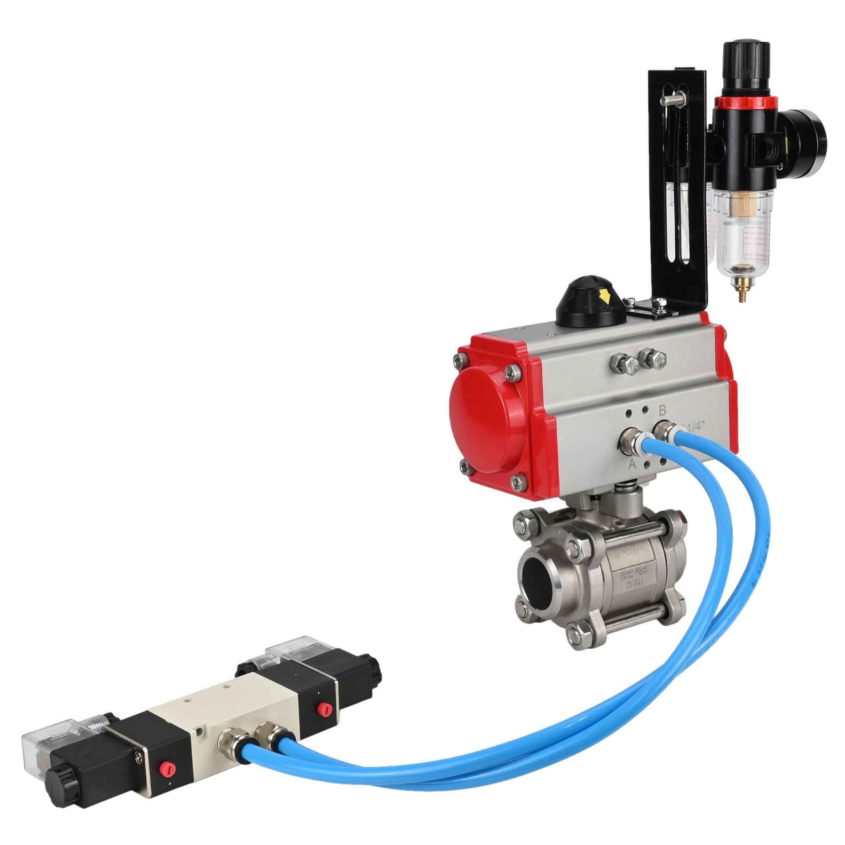 Kugelhähne Elephant BV3232P(3pc)-FP-W-ISO-H 16 bar/25, Vollbohrung zum Schweißen, Edelstahl SS316, Dichtung - PTFE, mit doppeltwirkendem PA-DA Pneumatik-Antrieb, mit Pneumatikverteiler 4V320-08 220V, mit ATU AFC2000