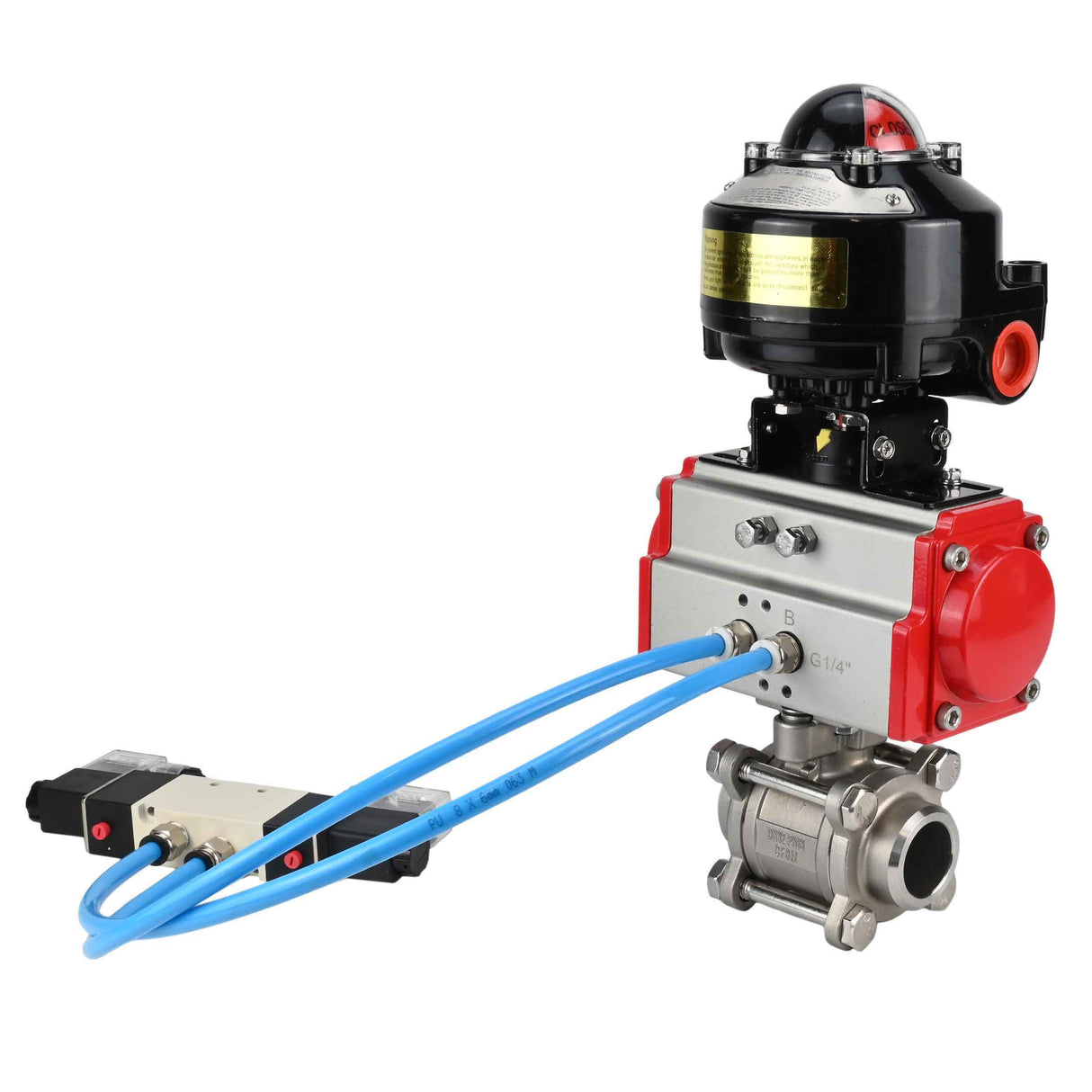 Kugelhähne Elephant BV3232P(3pc)-FP-W-ISO-H zum Schweißen, voller Durchgang, Gehäuse - Edelstahl SS316, Dichtung - PTFE, mit pneumatischem Antrieb Elephant PA-SA 052- 130 pneumatischer Verteiler 4V320-10 Anschluss DN10 LSU APL-510N-EX