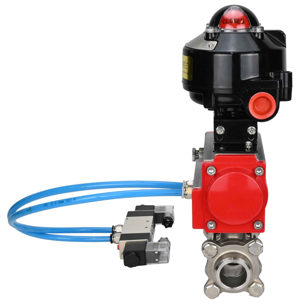 Kugelhähne Elephant BV3232P(3pc)-FP-W-ISO-H DN8-4" zum Schweißen, voller Durchgang, Gehäuse - Edelstahl SS316, Dichtung - PTFE, mit pneumatischem Antrieb Elephant PA-SA 052- 130 pneumatischer Verteiler 4V320-08 Anschluss DN8 LSU APL-510N-EX