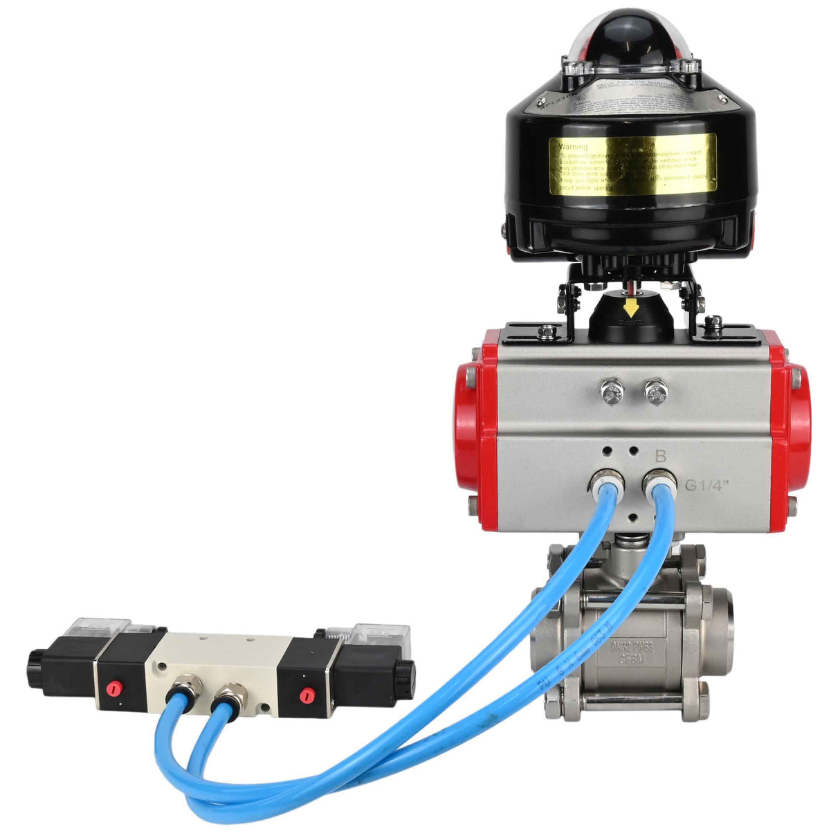 Kugelhähne Elephant BV3232P(3pc)-FP-W-ISO-H zum Schweißen, voller Durchgang, Gehäuse - Edelstahl SS316, Dichtung - PTFE, mit pneumatischem Antrieb Elephant PA-DA 052- 083 pneumatischer Verteiler 4V320-08 Anschluss DN8 LSU APL-510N-EX