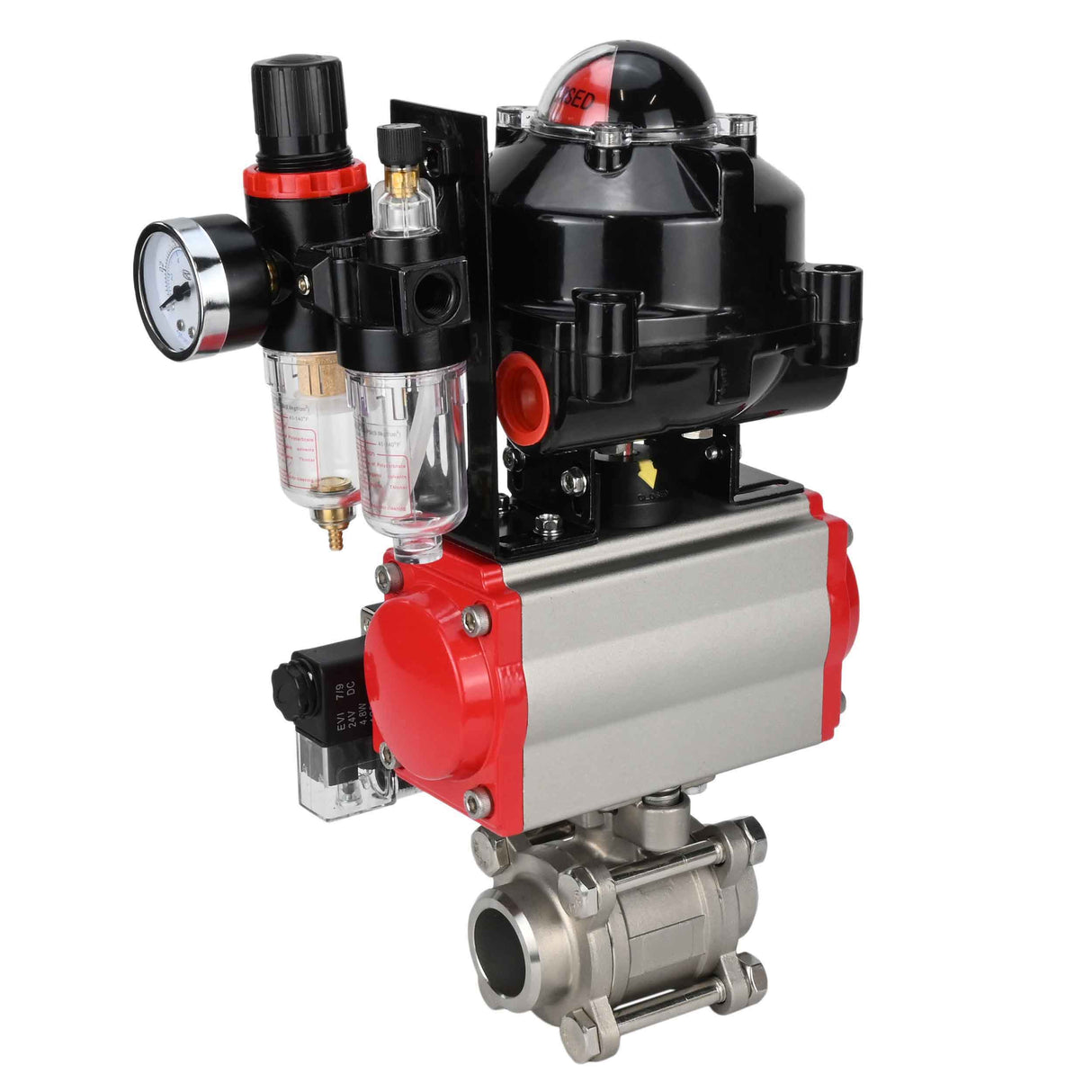 Kugelhähne Elephant BV3232P(3pc)-FP-W-ISO-H zum Schweißen, voller Durchgang, Gehäuse aus Edelstahl. Stahl SS316, Dichtung - PTFE, mit pneumatischem Antrieb Elephant PA-DA 052-083 pneumatischer Verteiler 4M310-08 220V ATU AFC2000 LSU APL-510N-EX