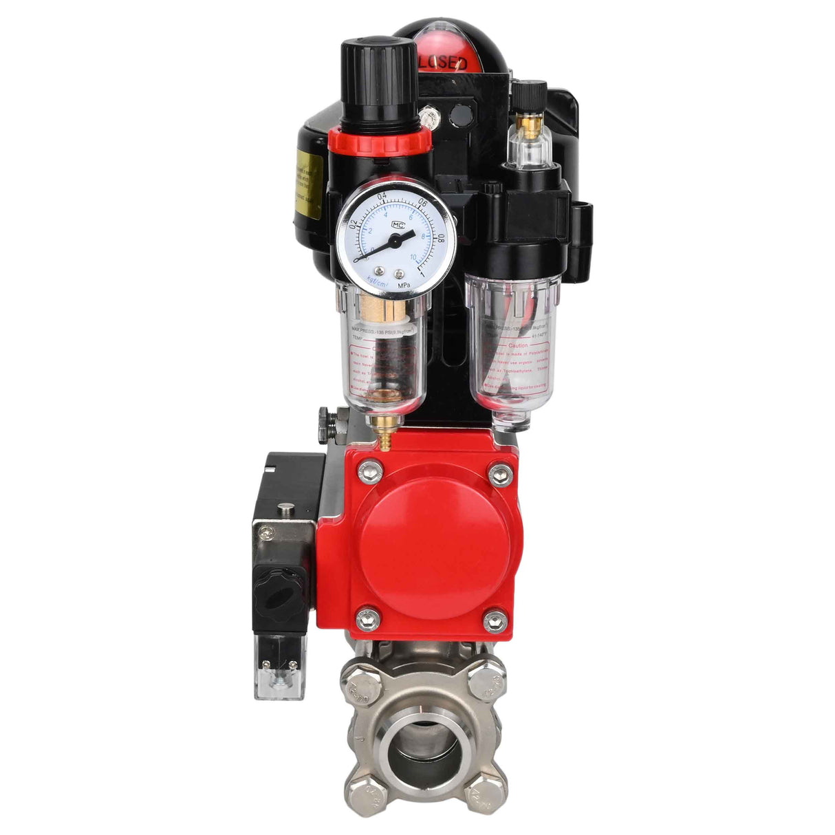 Kugelhähne Elephant BV3232P(3pc)-FP-W-ISO-H zum Schweißen, voller Durchgang, Gehäuse aus Edelstahl. Stahl SS316, Dichtung - PTFE, mit pneumatischem Antrieb Elephant PA-DA 052-083 pneumatischer Verteiler 4M310-08 220V ATU AFC2000 LSU APL-510N-EX