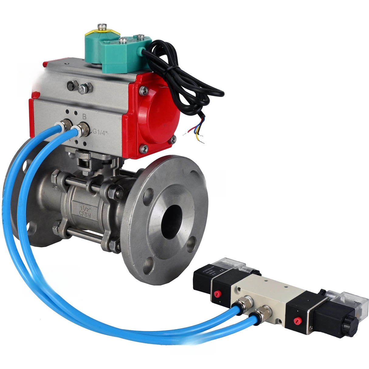 Ball valves Elephant BV3232P(3pc)-FP-F-ISO-H DN15-100 16/40 bar full-bore three-piece, flanged, 316 stainless steel, seal - PTFE, with PA-SA pneumatic actuator, pneumatic distributor 4V320-08 220V and ALS200D magnetic switch