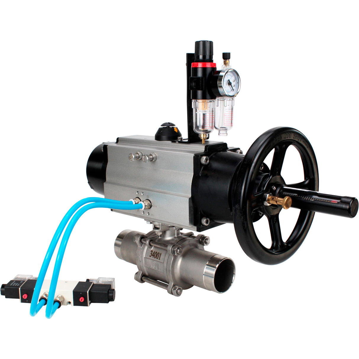 Kugelhähne Elephant BV3131P(3pc)-FP-W-ISO-H LANG, Gehäusematerial - Edelstahl AISI 304, Dichtung - PTFE / PTFE / Teflon, mit pneumatischem Doppelwirkungsantrieb PA-DA-105-1, 4V320-10 220VATU AFC2000