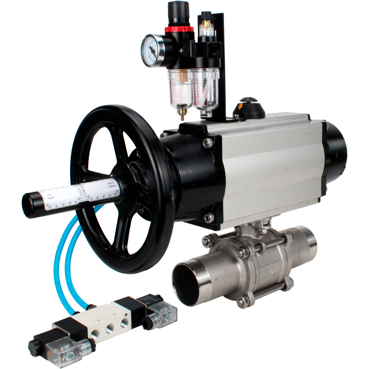 Kugelhähne Elephant BV3131P(3pc)-FP-W-ISO-H LANG, Gehäusematerial - Edelstahl AISI 304, Dichtung - PTFE / PTFE / Teflon, mit pneumatischem Doppelwirkungsantrieb PA-DA-105-1, 4V320-10 220VATU AFC2000