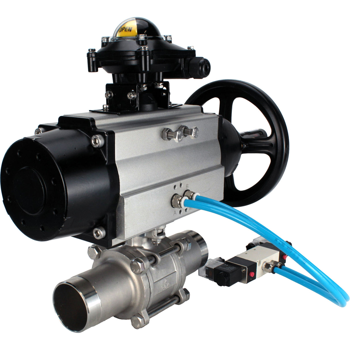 Kugelhähne Elephant BV3131P(3pc)-FP-W-ISO-H LANG, Gehäusematerial - Edelstahl AISI 304, Dichtung - PTFE / PTFE / Teflon, mit pneumatischem Doppelwirkungsantrieb PA-DA-105-1, 4V320-08 220V, LSU APL-210N