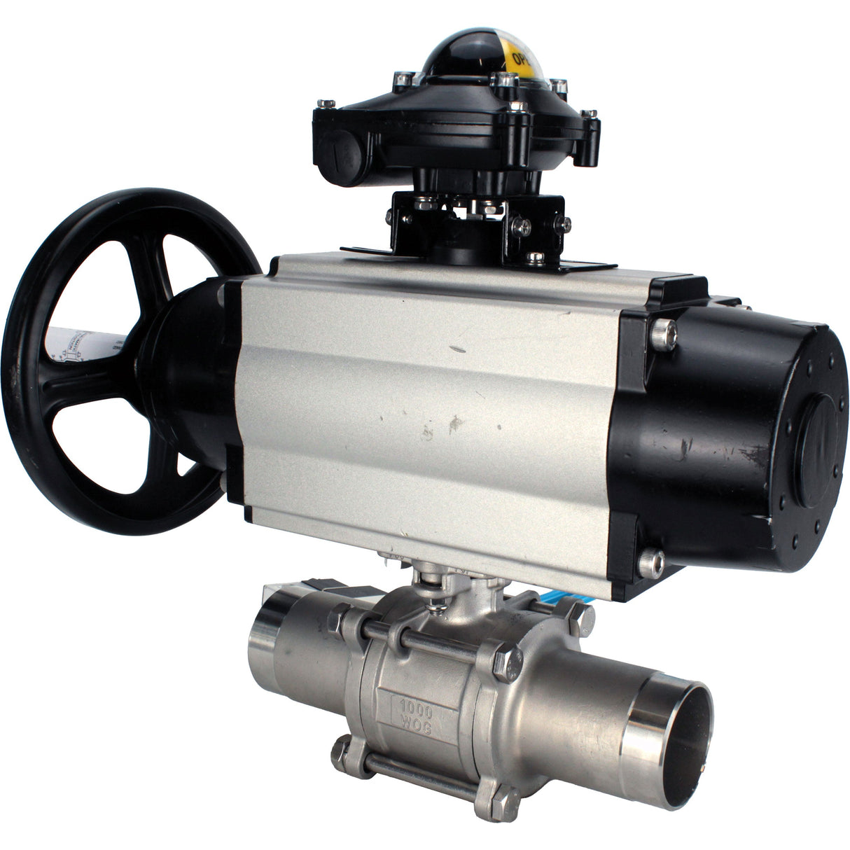 Kugelhähne Elephant BV3131P(3pc)-FP-W-ISO-H LANG, Gehäusematerial - Edelstahl AISI 304, Dichtung - PTFE / PTFE / Teflon, mit pneumatischem Doppelwirkungsantrieb PA-DA-105-1, 4V320-10 220V, LSU APL-210N