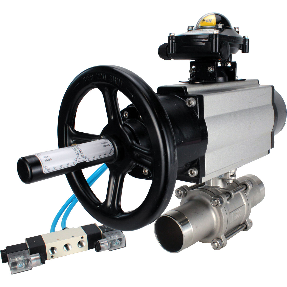 Kugelhähne Elephant BV3131P(3pc)-FP-W-ISO-H LANG, Gehäusematerial - Edelstahl AISI 304, Dichtung - PTFE / PTFE / Teflon, mit pneumatischem Doppelwirkungsantrieb PA-DA-105-1, 4V320-10 220V, LSU APL-210N