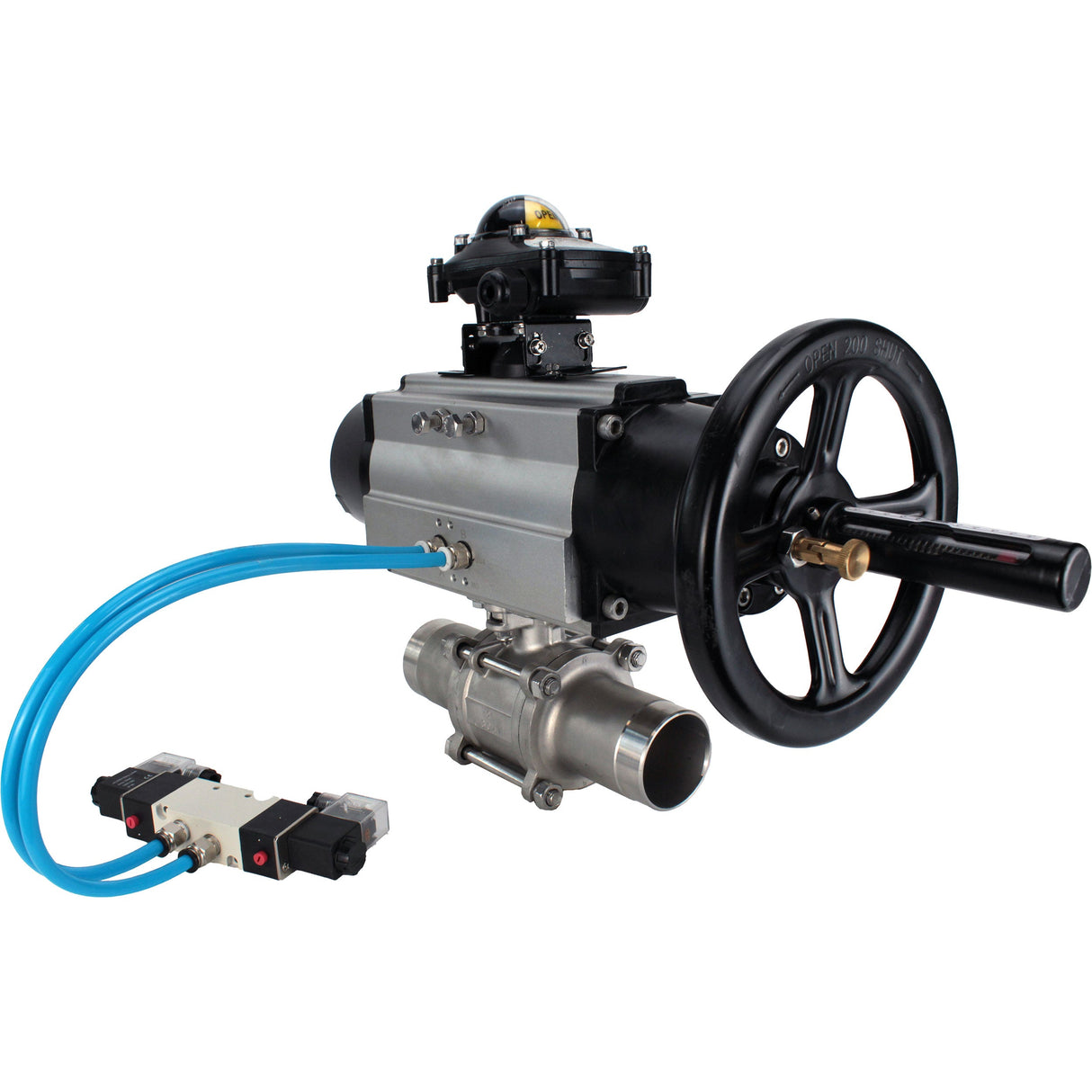 Kugelhähne Elephant BV3131P(3pc)-FP-W-ISO-H LANG, Gehäusematerial - Edelstahl AISI 304, Dichtung - PTFE / PTFE / Teflon, mit pneumatischem Doppelwirkungsantrieb PA-DA-105-1, 4V320-08 220V, LSU APL-210N