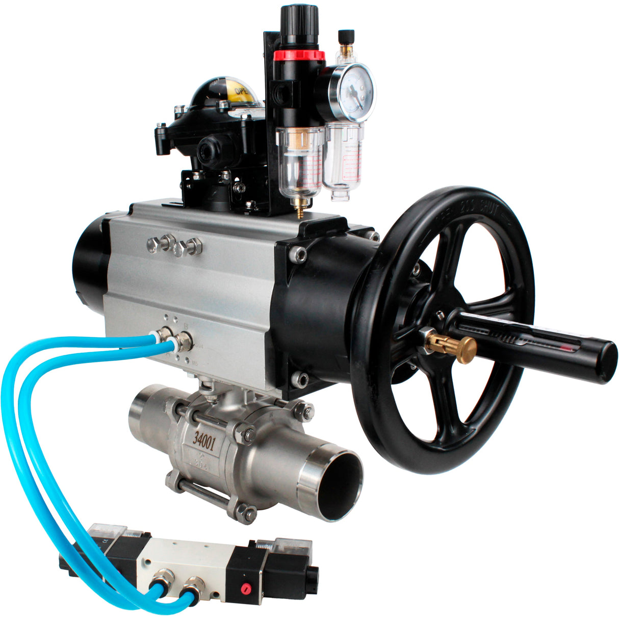 Kugelhähne Elephant BV3131P(3pc)-FP-W-ISO-H LANG, Gehäusematerial - Edelstahl AISI 304, Dichtung - PTFE / PTFE / Teflon, mit pneumatischem Doppelwirkungsantrieb PA-DA-105-1, 4V320-10 220V, LSU APL-210N, ATU AFC2000