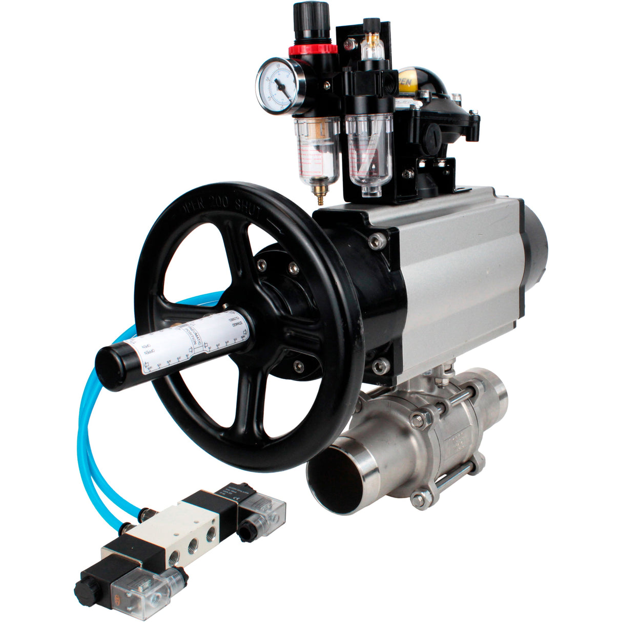 Kugelhähne Elephant BV3131P(3pc)-FP-W-ISO-H LANG, Gehäusematerial - Edelstahl AISI 304, Dichtung - PTFE / PTFE / Teflon, mit pneumatischem Doppelwirkungsantrieb PA-DA-105-1, 4V320-10 220V, LSU APL-210N, ATU AFC2000