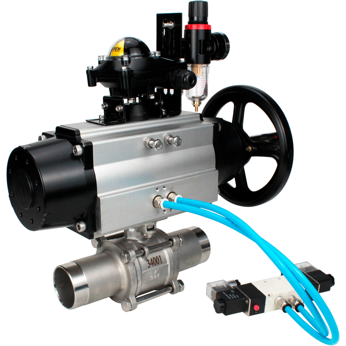 Kugelhähne Elephant BV3131P(3pc)-FP-W-ISO-H LANG, Gehäusematerial - Edelstahl AISI 304, Dichtung - PTFE / PTFE / Teflon, mit pneumatischem Doppelwirkungsantrieb PA-DA-105-1, 4V320-10 220V, LSU APL-210N, ATU AFC2000