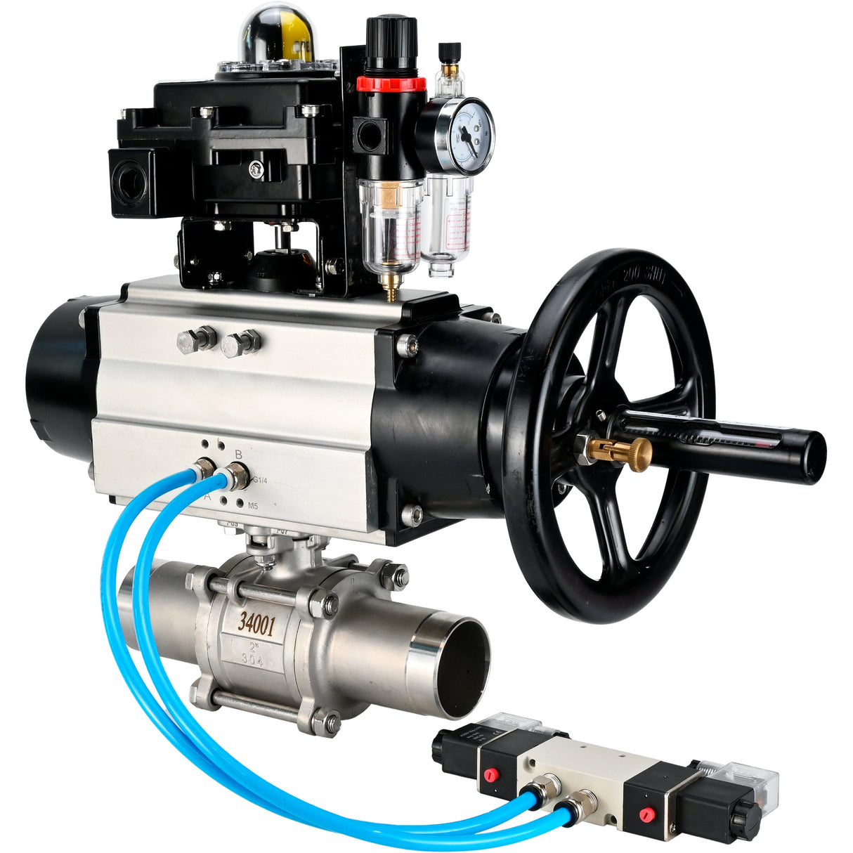Kugelhähne Elephant BV3131P(3pc)-FP-W-ISO-H LANG, Gehäusematerial - Edelstahl AISI 304, Dichtung - PTFE / PTFE / Teflon, mit pneumatischem Antrieb Doppelwirkung PA-DA-105-1, 4V320-10 220V, LSU APL-410N Ex, ATU AFC2000