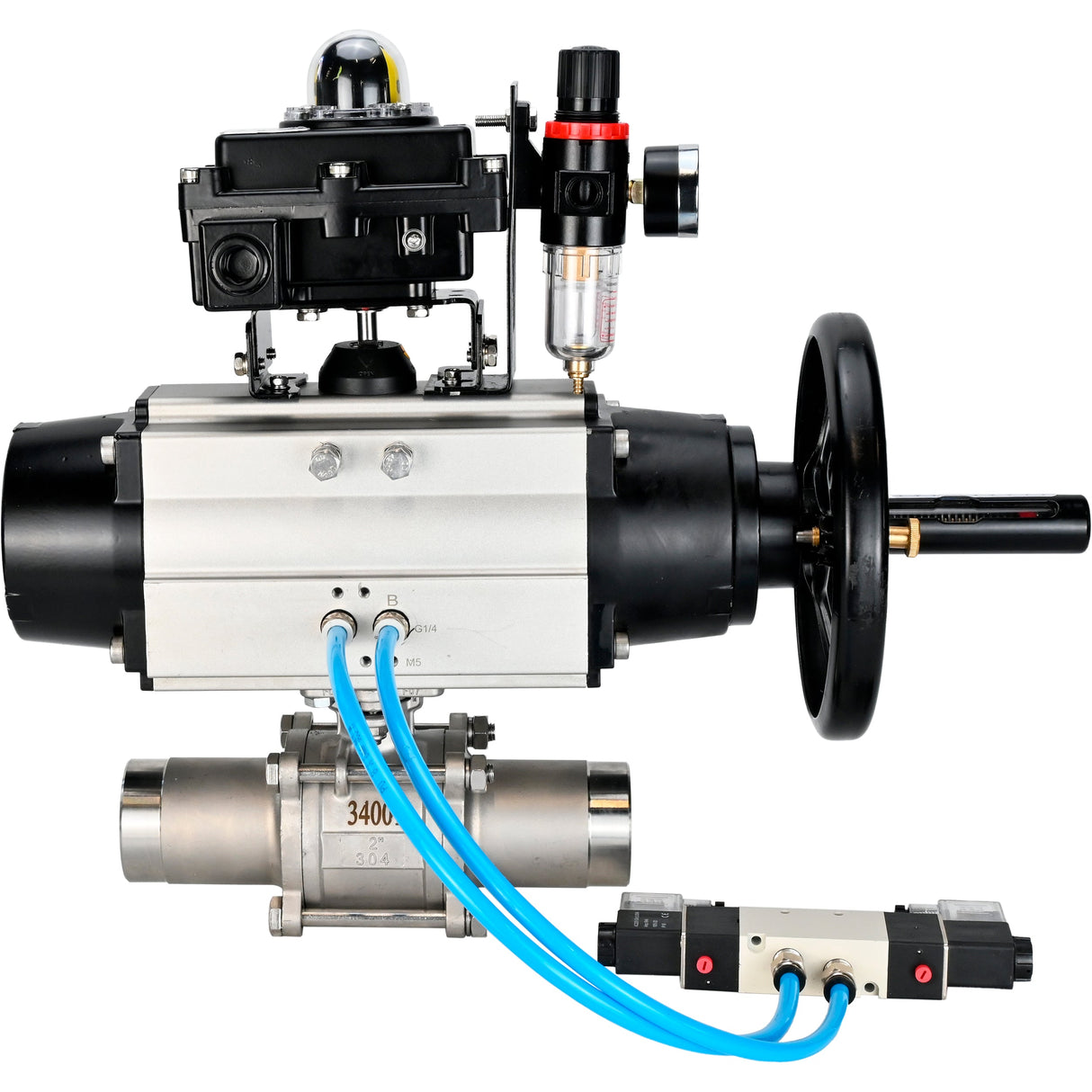 Kugelhähne Elephant BV3131P(3pc)-FP-W-ISO-H LANG, Gehäusematerial - Edelstahl AISI 304, Dichtung - PTFE / PTFE / Teflon, mit pneumatischem Antrieb Doppelwirkung PA-DA-105-1, 4V320-10 220V, LSU APL-410N Ex, ATU AFC2000