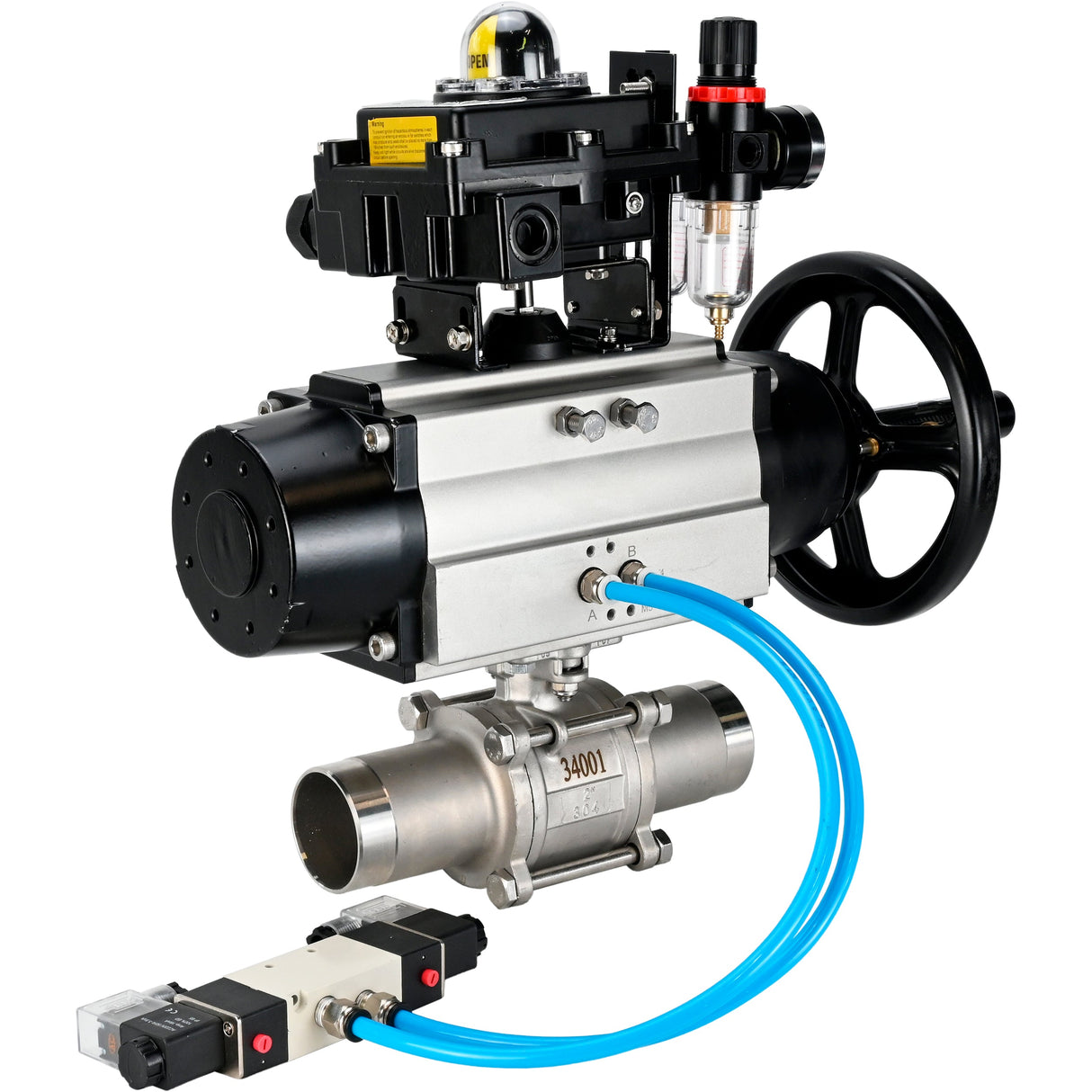 Kugelhähne Elephant BV3131P(3pc)-FP-W-ISO-H LANG, Gehäusematerial - Edelstahl AISI 304, Dichtung - PTFE / PTFE / Teflon, mit pneumatischem Antrieb Doppelwirkung PA-DA-105-1, 4V320-10 220V, LSU APL-410N Ex, ATU AFC2000