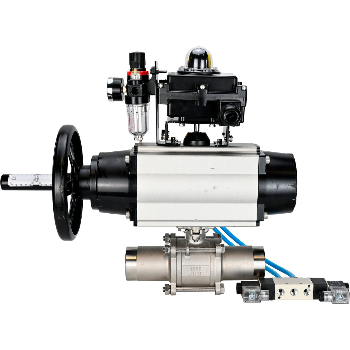 Kugelhähne Elephant BV3131P(3pc)-FP-W-ISO-H LANG, Gehäusematerial - Edelstahl AISI 304, Dichtung - PTFE / PTFE / Teflon, mit pneumatischem Antrieb Doppelwirkung PA-DA-105-1, 4V320-10 220V, LSU APL-410N Ex, ATU AFC2000