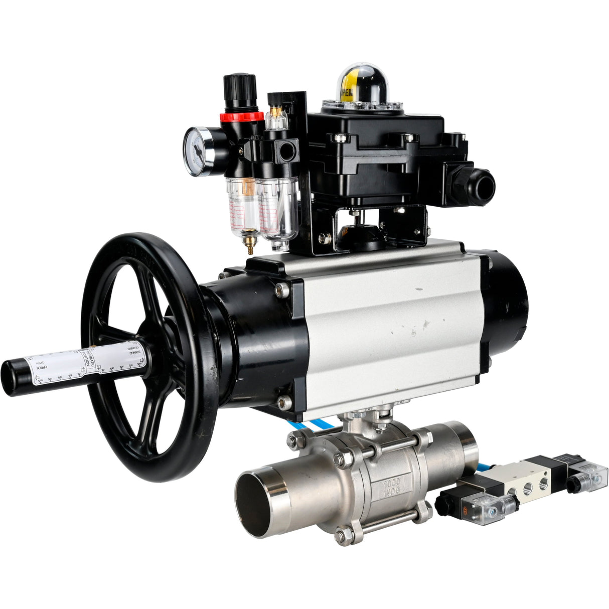 Kugelhähne Elephant BV3131P(3pc)-FP-W-ISO-H LANG, Gehäusematerial - Edelstahl AISI 304, Dichtung - PTFE / PTFE / Teflon, mit pneumatischem Antrieb Doppelwirkung PA-DA-105-1, 4V320-10 220V, LSU APL-410N Ex, ATU AFC2000