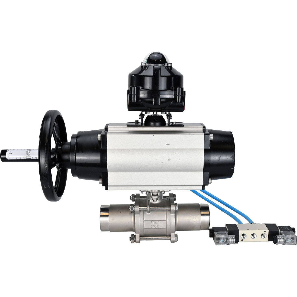 Kugelhähne Elephant BV3131P(3pc)-FP-W-ISO-H LANG, Gehäusematerial - Edelstahl AISI 304, Dichtung - PTFE / PTFE / Teflon, mit pneumatischem Doppelwirkungsantrieb PA-DA-105-1, 4V320-08 220V, LSU APL-510N Ex