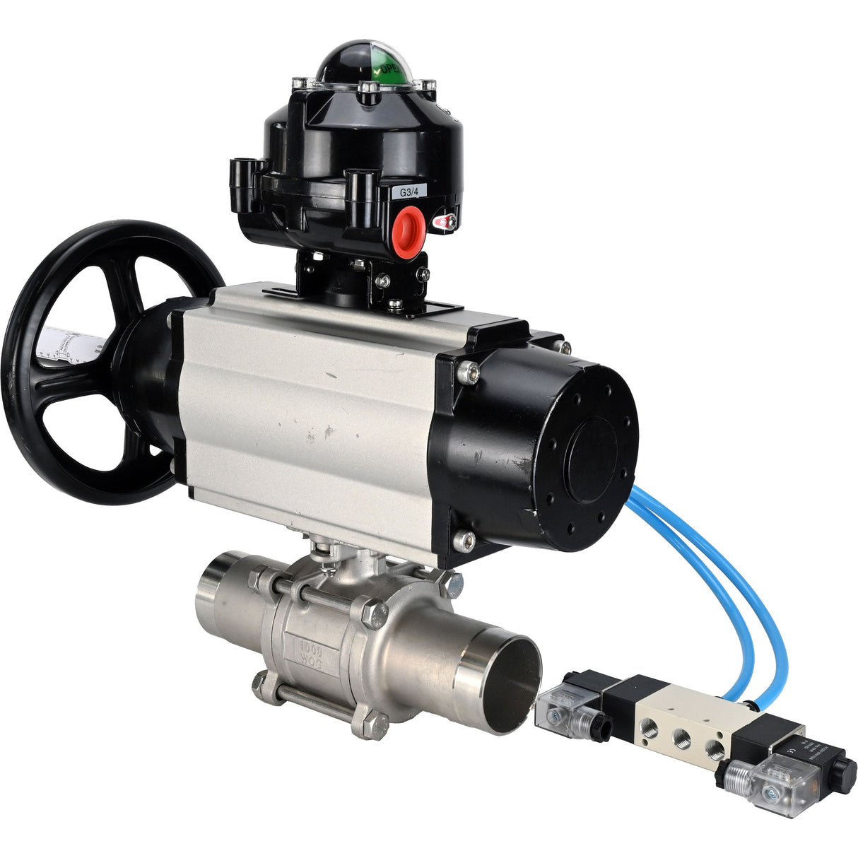 Kugelhähne Elephant BV3131P(3pc)-FP-W-ISO-H LANG, Gehäusematerial - Edelstahl AISI 304, Dichtung - PTFE / PTFE / Teflon, mit pneumatischem Doppelwirkungsantrieb PA-DA-105-1, 4V320-10 220V, LSU APL-510N Ex