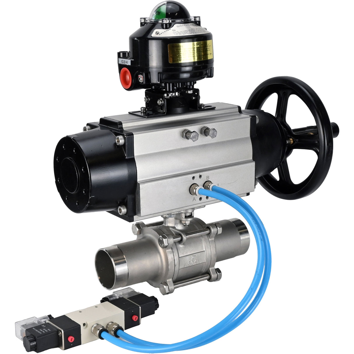 Kugelhähne Elephant BV3131P(3pc)-FP-W-ISO-H LANG, Gehäusematerial - Edelstahl AISI 304, Dichtung - PTFE / PTFE / Teflon, mit pneumatischem Doppelwirkungsantrieb PA-DA-105-1, 4V320-10 220V, LSU APL-510N Ex