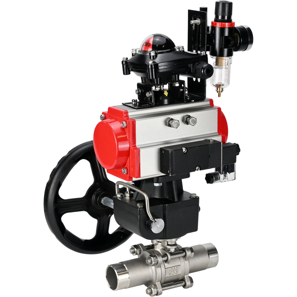 Kugelhähne Elephant BV3131P(3pc)-FP-W-ISO-H LANG DN50-150 Vollbohrung, Gehäuse - Edelstahl 304, zum Schweißen, mit pneumatischem Antrieb PA-DA, pneumatischem Verteiler 4M310-08 220V, MON Getriebe, LSU APL-210N und ATU AFC2000