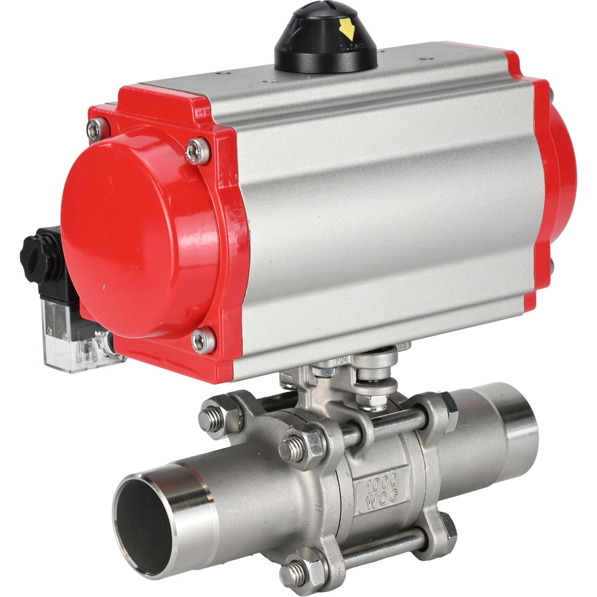 Kugelhähne Elephant BV3232P(3pc)-FP-W-ISO-H LANG voll durchgängig, Gehäuse - Edelstahl 316, zum Schweißen, mit pneumatischem Antrieb PA-DA und pneumatischem Verteiler 4M310-08 24V