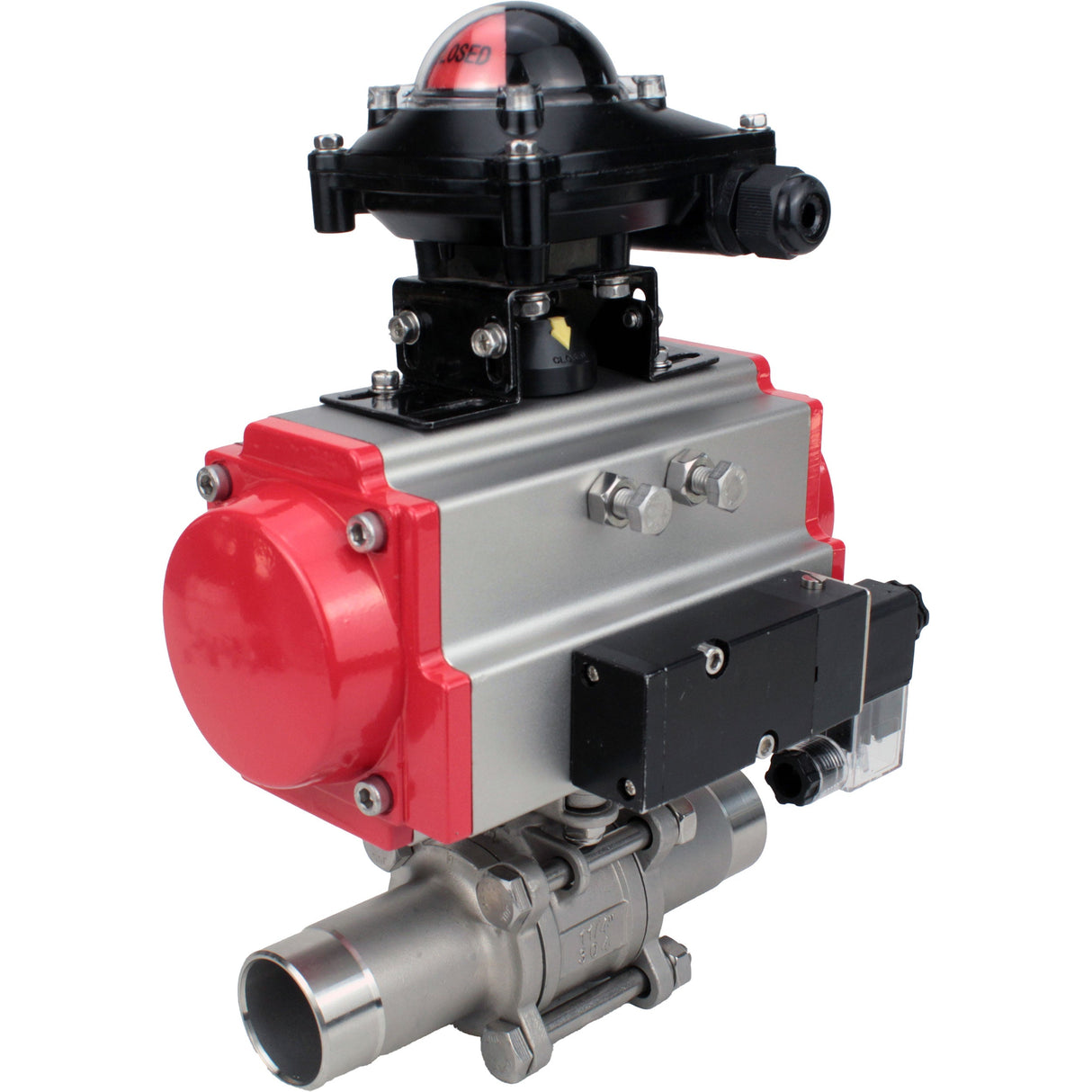 Kugelhähne Elephant BV3232P(3pc)-FP-W-ISO-H LANG voll durchgängig, Gehäuse - Edelstahl 316, zum Schweißen, mit pneumatischem Antrieb Elephant PA-SA, pneumatischem Verteiler 4M310-08 220V und Endschalterblock APL-210N