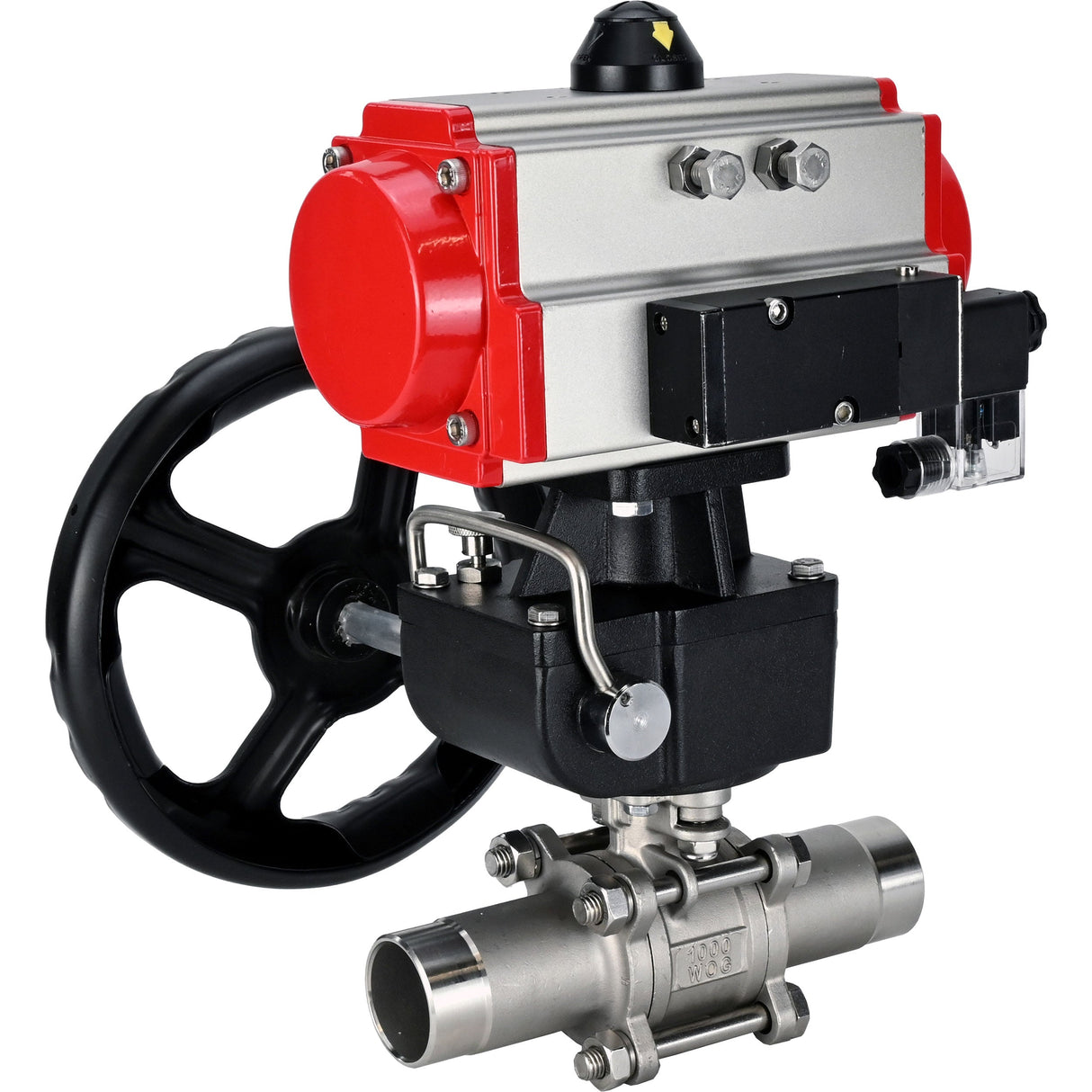 Kugelhähne Elephant BV3131P(3pc)-FP-W-ISO-H LANG voll durchgängig, Gehäuse - Edelstahl 304, zum Schweißen, mit pneumatischem Antrieb PA-DA, pneumatischem Verteiler 4M310-08 220V und MON-Reduzierer