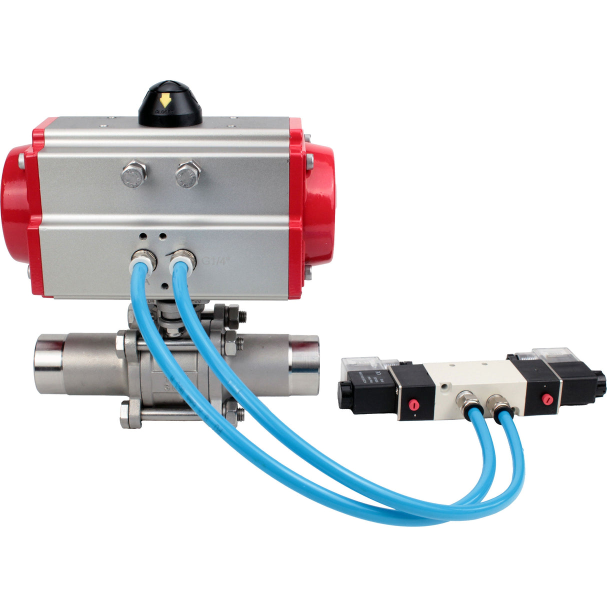 Kugelhähne Elephant BV3232P(3pc)-FP-W-ISO-H LANG voll durchgängig, Gehäuse - Edelstahl 316, zum Schweißen, mit pneumatischem Antrieb PA-DA und pneumatischem Verteiler 4V320-10 220V