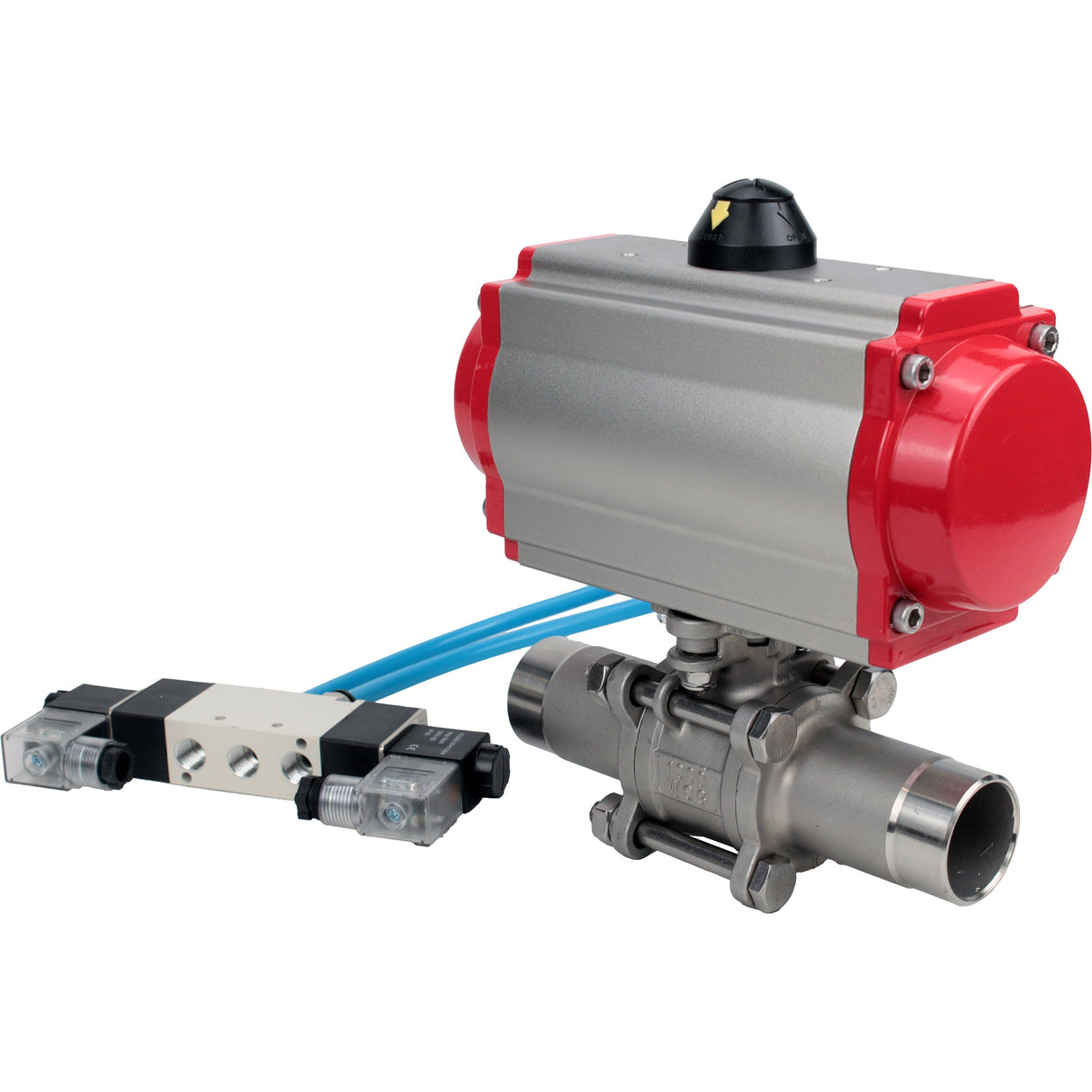 Kugelhähne Elephant BV3131P(3pc)-FP-W-ISO-H LANG voll durchgängig, Gehäuse - Edelstahl 304, zum Schweißen, mit pneumatischem Antrieb Elephant PA-SA und pneumatischem Verteiler 4V320-10 220V