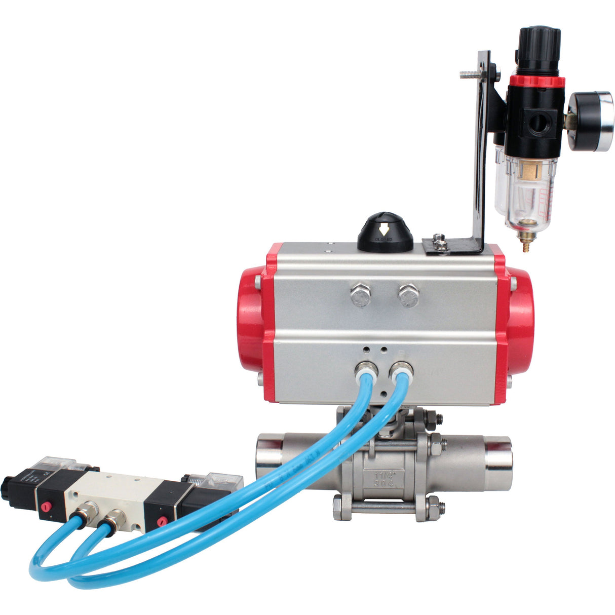 Kugelhähne Elephant BV3232P(3pc)-FP-W-ISO-H LANG voll durchgängig, Gehäuse - Edelstahl 316, zum Schweißen, mit pneumatischem Antrieb Elephant PA-SA, pneumatischem Verteiler 4V320-08 220V und ATU AFC2000