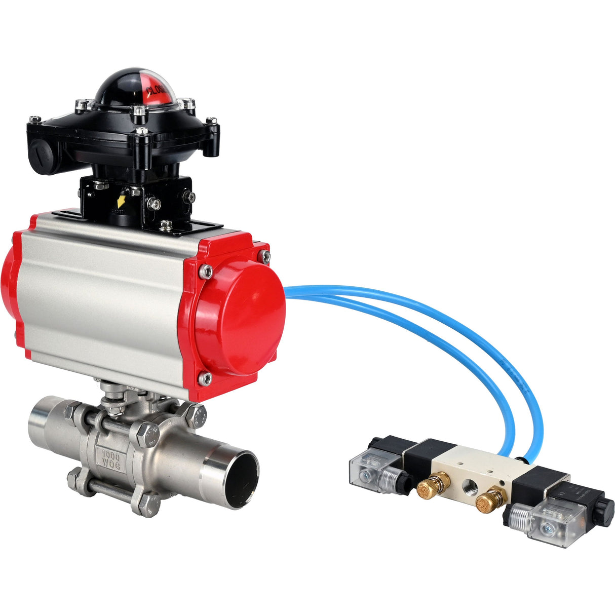 Kugelhähne Elephant BV3232P(3pc)-FP-W-ISO-H LANG voll durchgängig, Gehäuse - Edelstahl 316, geschweißt, mit pneumatischem Antrieb Elephant PA-SA, pneumatischem Verteiler 4V320-08 220V und Endschalterblock APL-210N