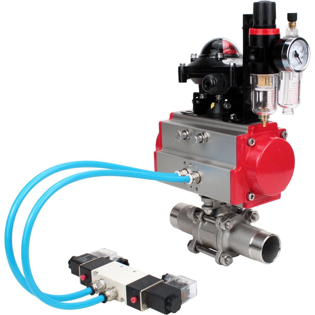 Kugelhähne Elephant BV3232P(3pc)-FP-W-ISO-H LANG voll durchgängig, Gehäuse - Edelstahl 316, zum Schweißen, mit pneumatischem Antrieb Elephant PA-SA, pneumatischem Verteiler 4V320-08 220V, LSU APL-210N und ATU AFC2000