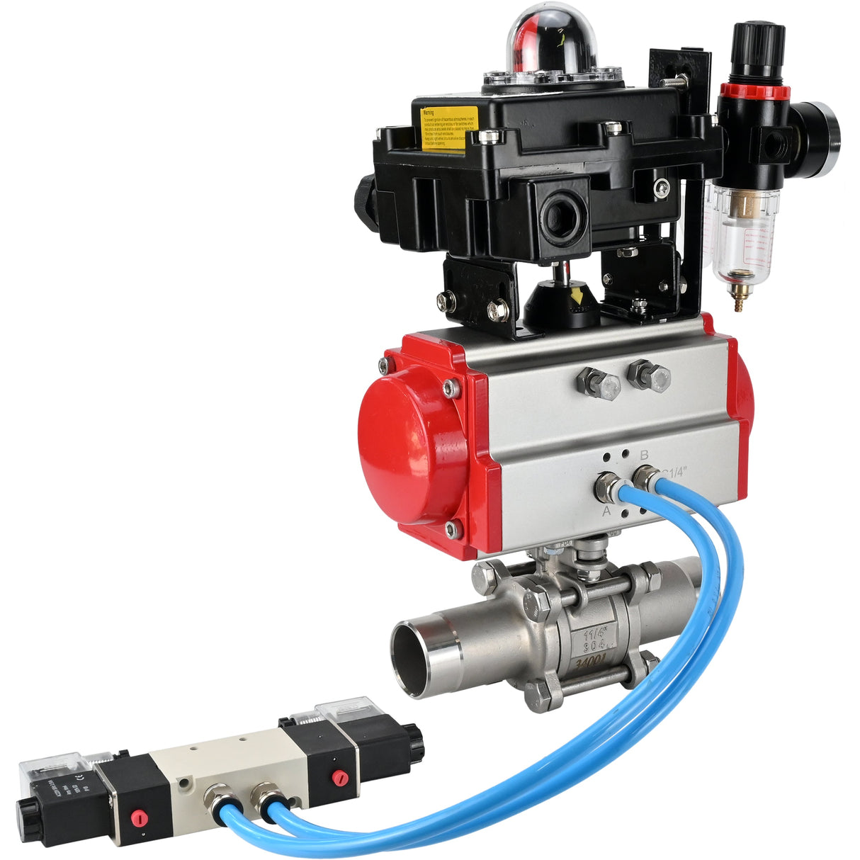 Kugelhähne Elephant BV3131P(3pc)-FP-W-ISO-H LANG voll durchgängig, Gehäuse - Edelstahl 304, zum Schweißen, mit pneumatischem Antrieb Elephant PA-SA, pneumatischem Verteiler 4V320-08 220V, LSU APL-410N EX und ATU AFC2000